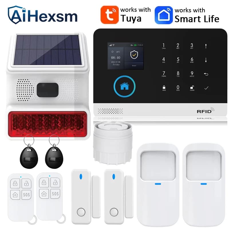 Sistema di Allarme Smart Home a Energia Solare Tuya WIFI GSM Wireless con App Smart Life 433MHz Sicurezza PIR Rilevamento Movimento Compatibile con Alexa