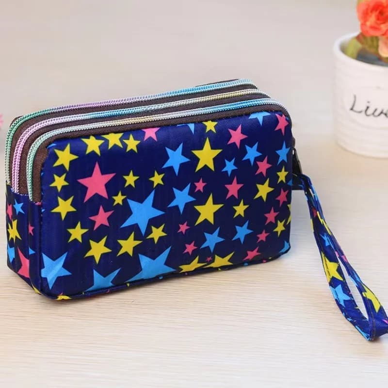 Waterproof Women's Purse with 3 Zipper Cell Pouch Handbag Wristlet Coin Wallet Clutch Bag Fabric Mobile Storage Organizer