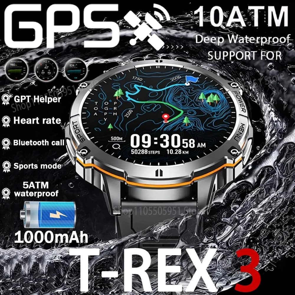 Smartwatch T-Rex 3 di Grado Militare con Batteria da 1000mAh, Impermeabile 10ATM, GPS, Bussola, Altimetro, Chiamate, AMOLED, per Uomo, Nuoto e Sport