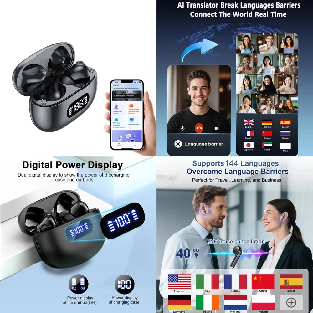 Auricolari Wireless con Chiamate Nitide, BT 5.4, TWS, Traduzione AI in 144 Lingue Online in Tempo Reale, Cuffie per Affari