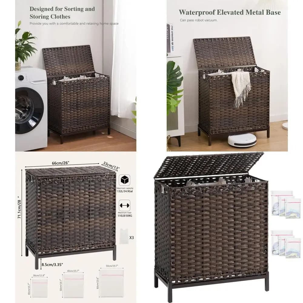 Cesto Portabiancheria in Rattan da 132L con Coperchio e 3 Sacchi Rimovibili - Marrone