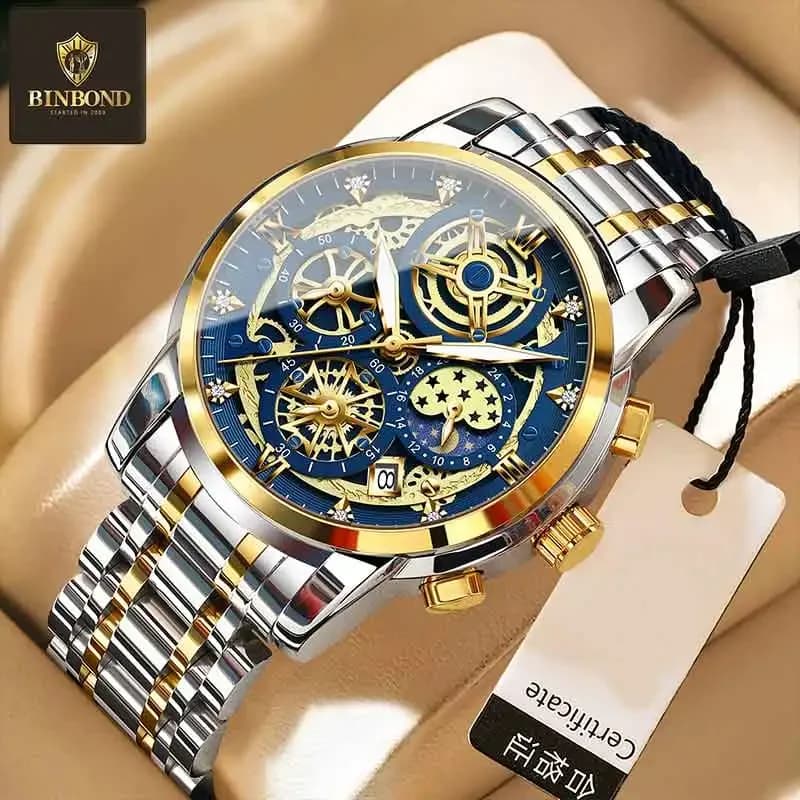 BINBOND Men's Watch Quartz Casual Fashion Stainless Steel Strap Luminous Luxury 30M Dial Waterproof Business Men's Watch