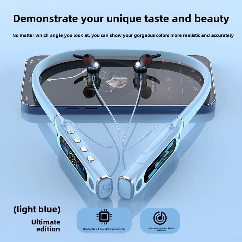 Auricolare bluetooth sportivo con collo surround stereo 3D, scheda TF nascosta, display digitale, gioco a lunga durata della batteria, auricolare nell'orecchio