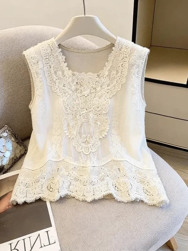 Lace Hollow out Strap Vest Women's Summer New Bohemian Style Sleeveless Top Outerwear Korean Loose Fit round Neck Shirt