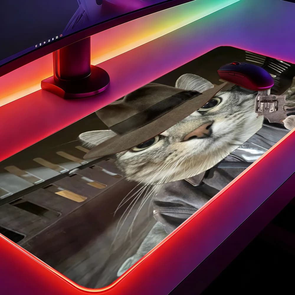 Tappetino per mouse M-Meme Z-Zazu Silly Funny Cat Halloween, tappetini da gioco con LED, tappetini da tavolo con retroilluminazione Micro USB, tappetini da scrivania in gomma RGB, XXL