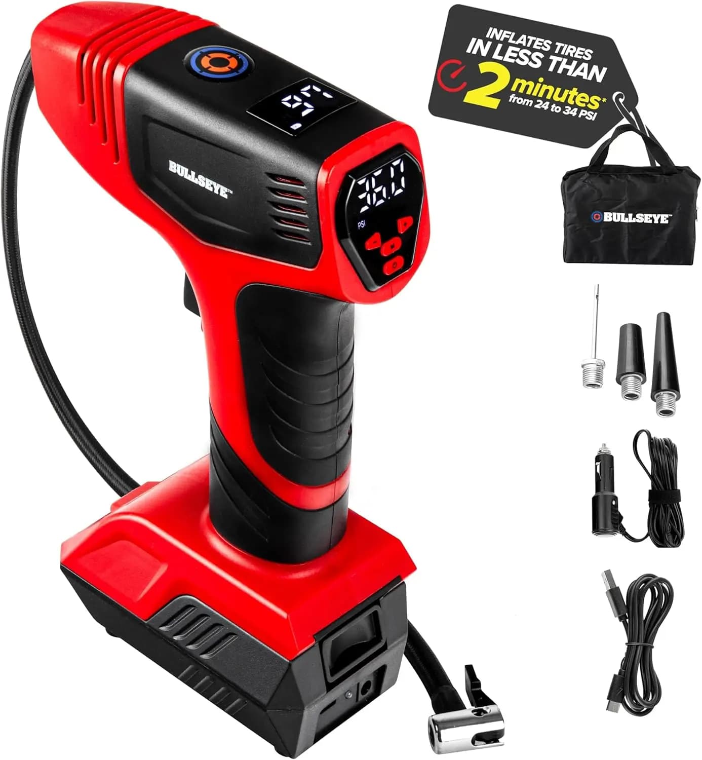 Gonfiatore portatile per pneumatici con manometro, spegnimento automatico, ricaricabile tramite USB per veicoli, fino a 150 PSI