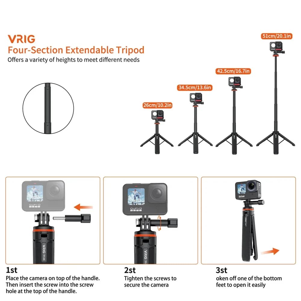 Treppiede per selfie stick ultraleggero 154G - Vrig Tp-08 allungabile da 51 cm per Azione Insta360 One R/osmo, Vlogging Essential