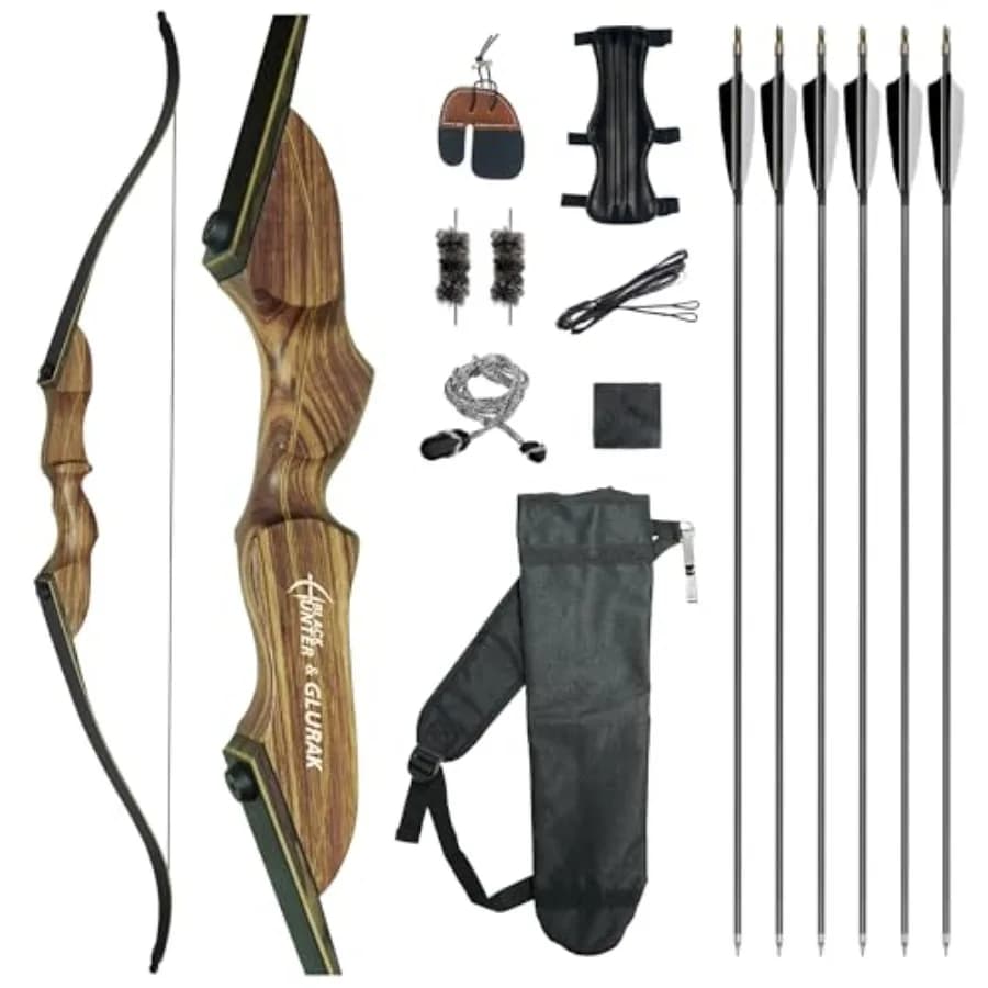 Arco Ricurvo Smontabile in Legno Nero da 60'' con Set di Frecce per Tiro al Bersaglio e Caccia, per Destrorsi, 25-50 Libbre, Kit Arco da Tiro con l'Arco