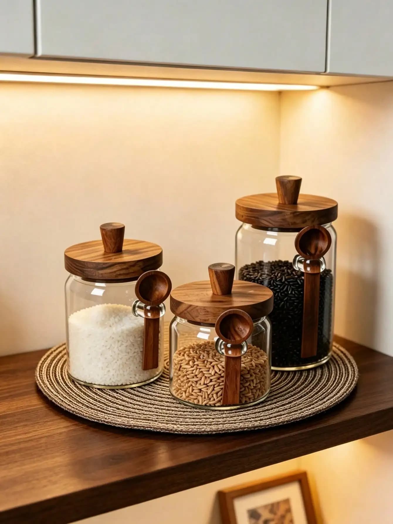 4 Piece Glass Jar Set with Wooden Lids and Spoons, Airtight Seal, for Coffee Tea Spices Nuts, Kitchen Counter Storage, Gift