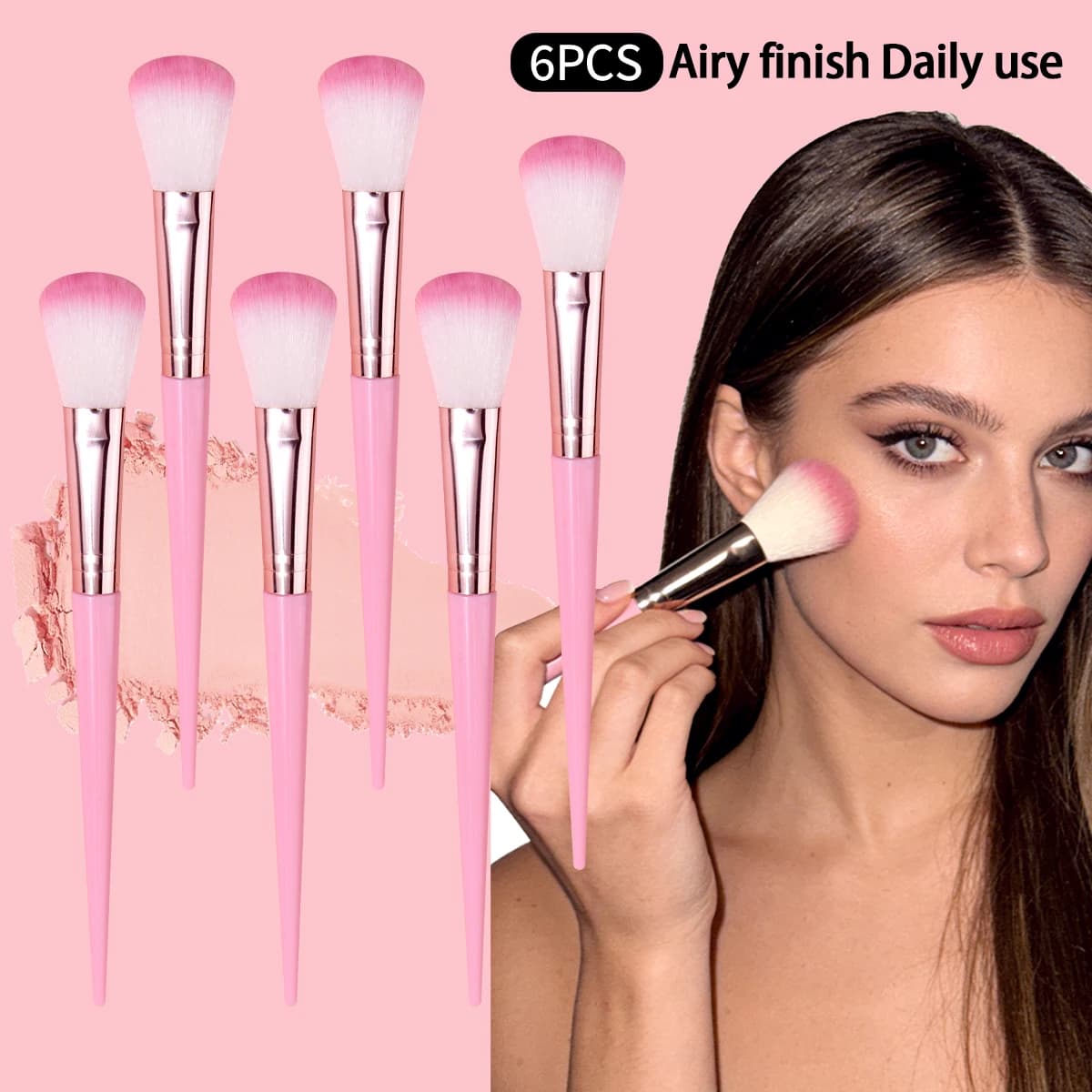 6 pennelli per trucco per uso quotidiano, pennelli per polvere fard color rosa morbido, finitura leggera e impeccabile, kit professionale di strumenti cosmetici per il viso