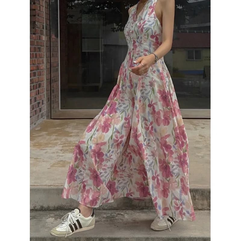 2026 Summer Korean Style Beach Vacation Floral Print Slim Fit Long Dress Elegant Casual Gown for Women Beachwear Holiday