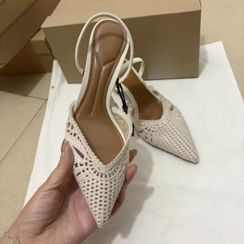 Sandali intrecciati traforati con tacco alto, sexy, a punta, per donna, estivi, comodi ed eleganti