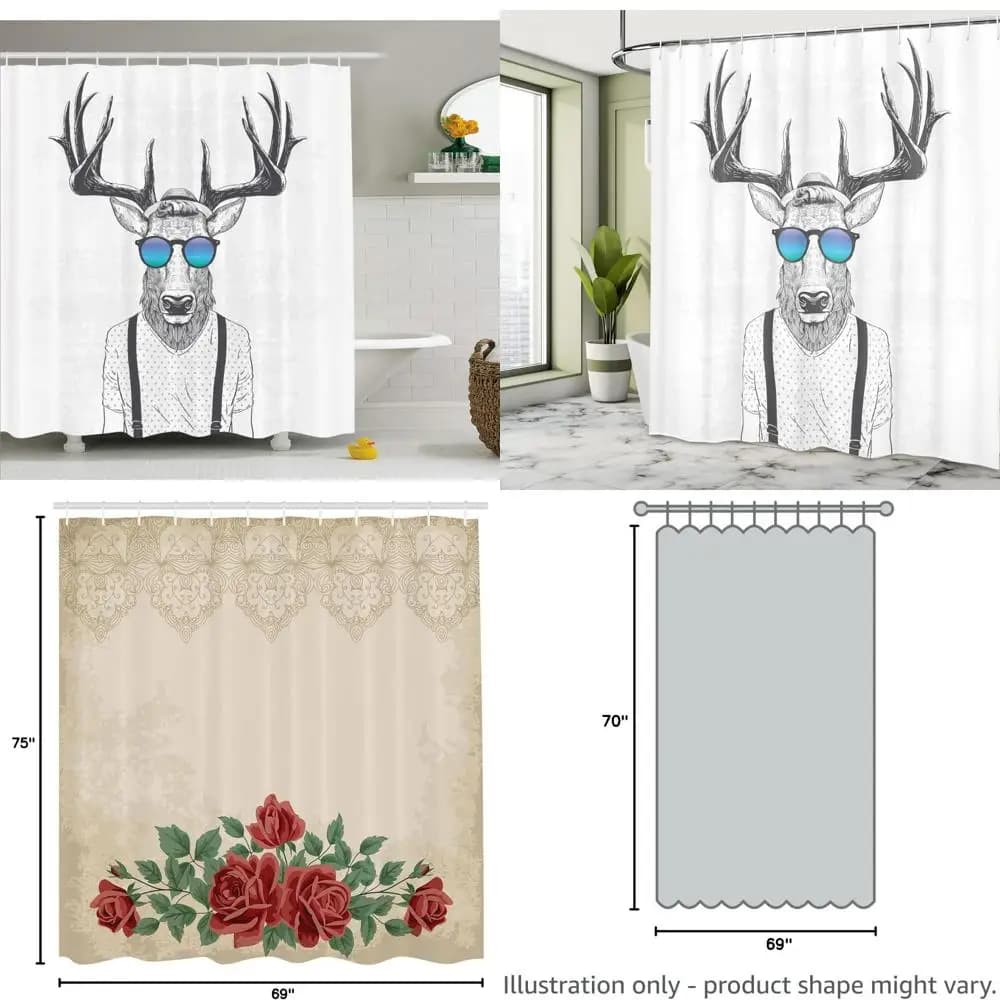 elegant shower curtain with deer horn, hipster deer in fashionable dress, creative animal design for adults