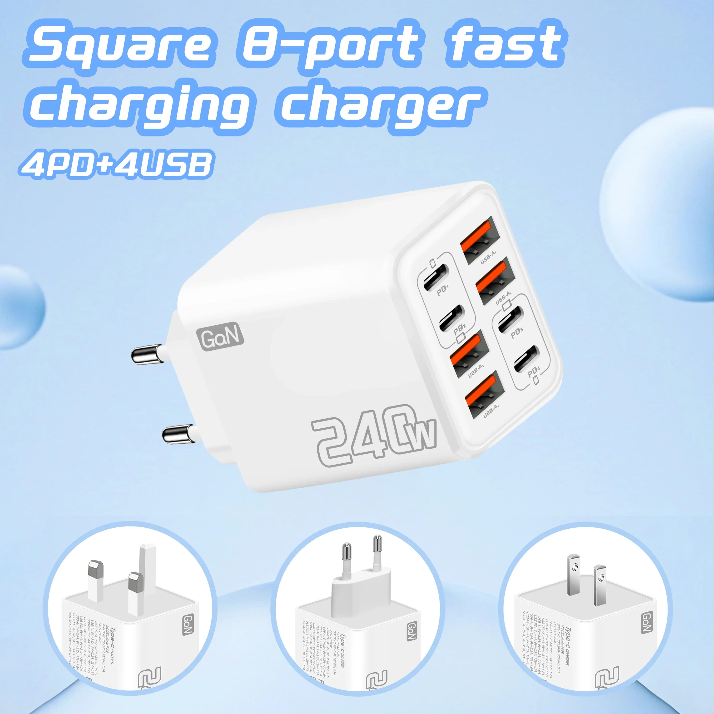 Caricatore USB C 8 in 1 240W GaN a ricarica rapida, adattatore di alimentazione per iPhone, Samsung, Xiaomi, tipo C, con spina EU/US.