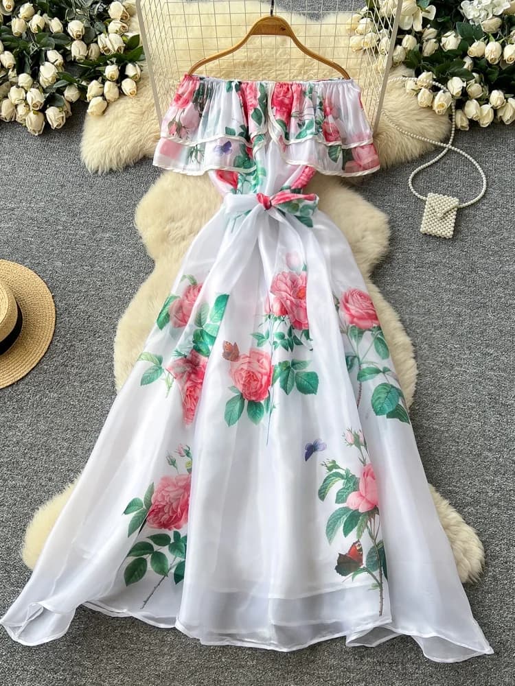 Women's long high waist dress with floral print, monospalla, Korean version, slim, trapeze, new summer arrival