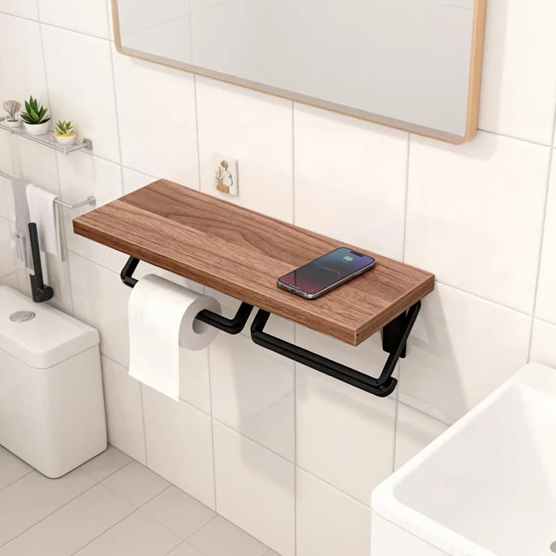 1 Portarotolo per carta igienica in legno massello con ripiano per telefono Portarotolo per fazzoletti da bagno a parete Dispenser per asciugamani di carta WC in ferro