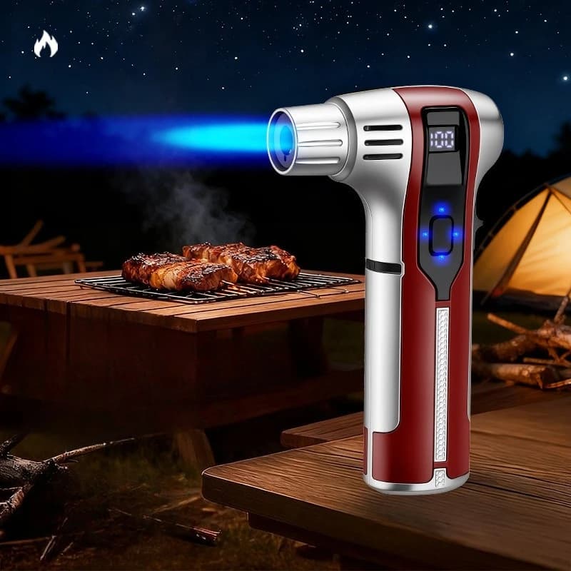 Accendino a Gas Antivento Portatile con Display del Livello della Batteria per Saldatura ad Alta Temperatura, Sigari, Barbecue e Cucina
