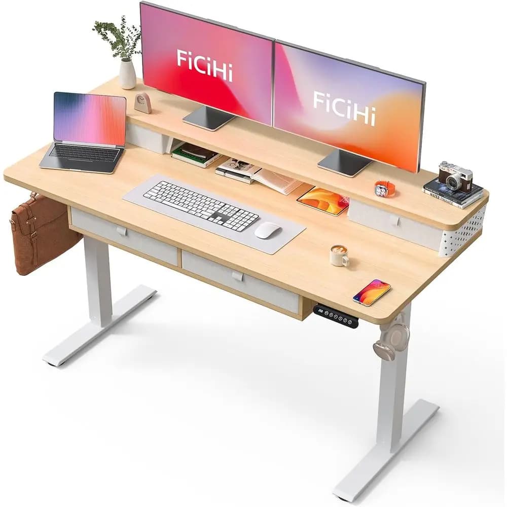 Scrivania Elettrica Regolabile in Altezza, 55x24 in Acero con Ripiano Portaoggetti e Supporto Monitor