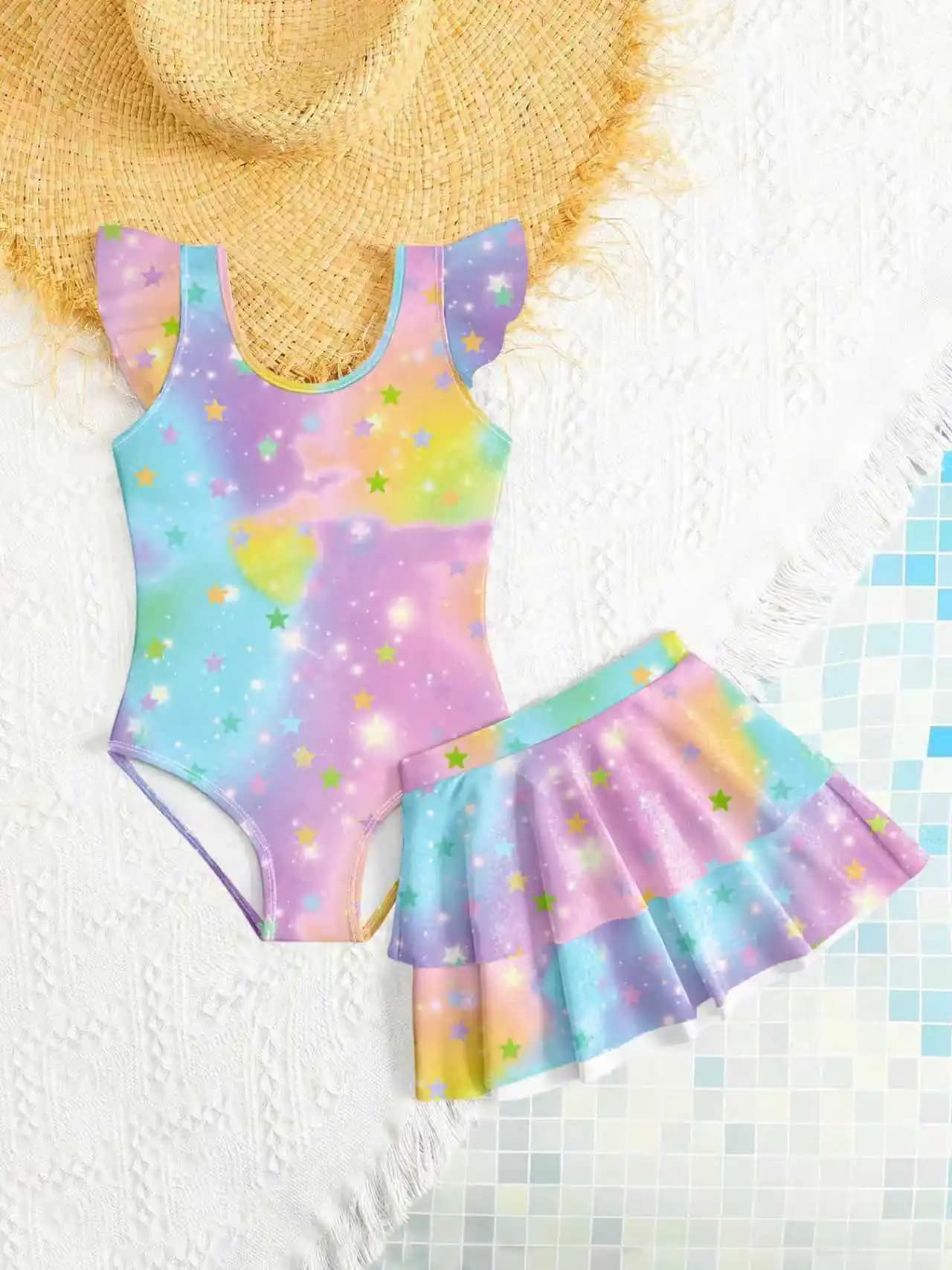 Costume da bagno intero per bambina, 2 pezzi, con stampa di stelle arcobaleno e gonna copricostume, costume da bagno estivo da spiaggia