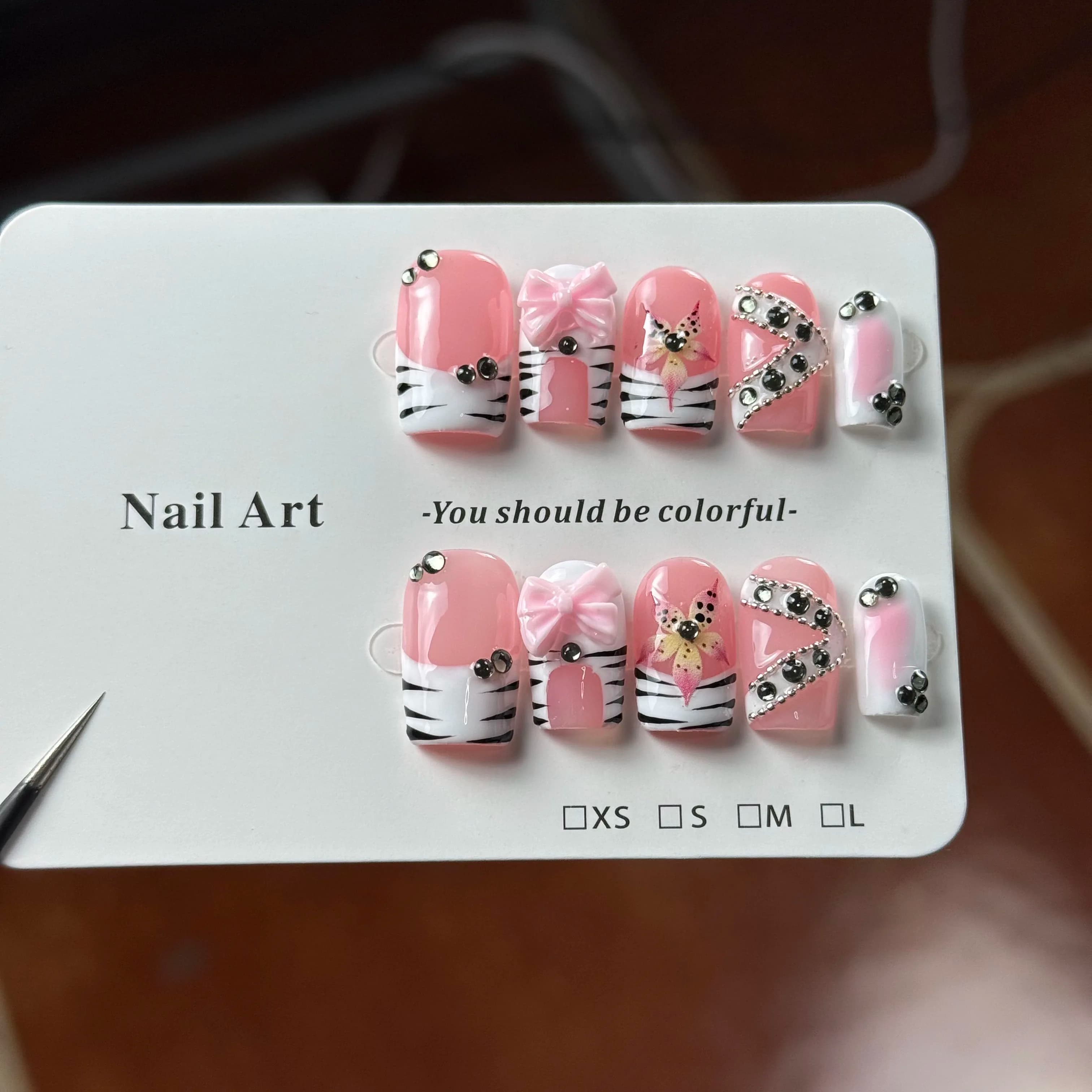 10pcs high-end Sweet and cool style, hand-painted zebra stripes, hand-painted carvings, bows, shiny dot diamonds handmade French