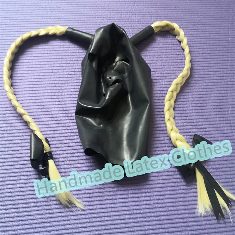Latex Hood Sexy Fetish Rubber Mask with 2 Wig Headgear Custom Made Halloween Cosplay Costumes for Men Women