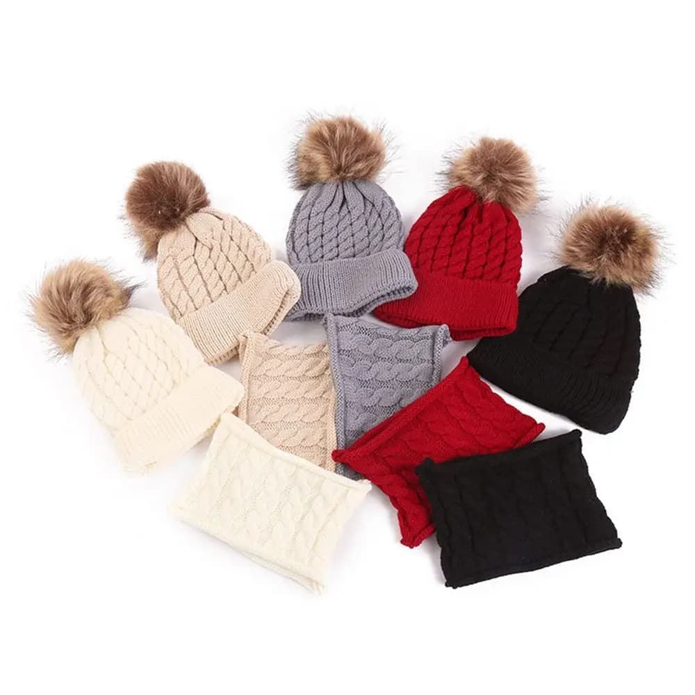 2Pcs/Set Winter Ear Protection Children Hat Scarf Set Thickened Windproof Beanie Caps Soft Warm Knitted Scarf Cap Boys Girls