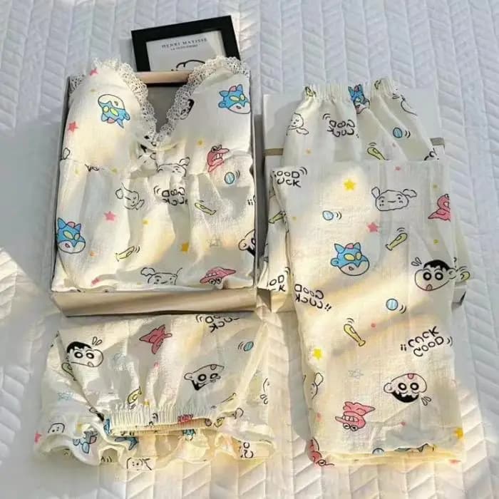 3Pcs New Girl's Crayon Shin Chan Lace Trim Cami Pajama Set Cute Cartoon Sleepwear, Soft Summer Women Loungewear Comfort Homewear
