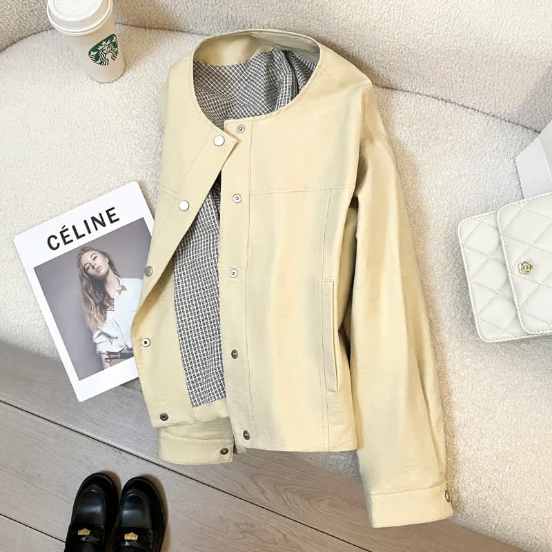 Cappotto da giacca casual girocollo giallo pallido da donna autunno nuovo cappotto corto da donna in stile britannico di base a maniche lunghe allentato
