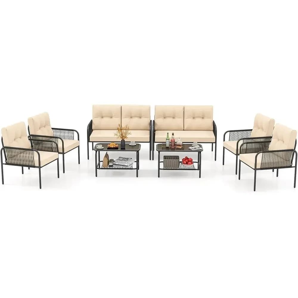 Set di Mobili da Esterno in 8 Pezzi: Divano in Rattan PE, Poltrone, Tavolino in Vetro Temperato e Cuscini per Portico