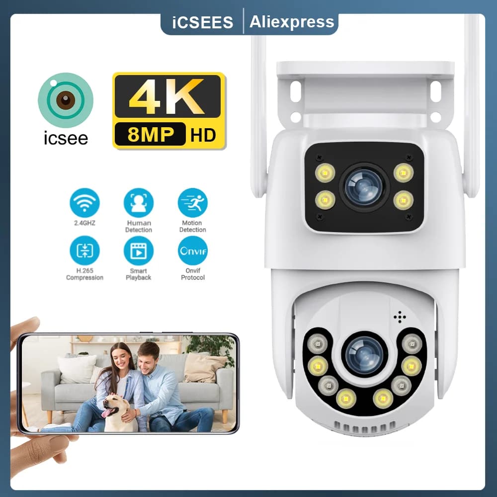 Telecamera Wifi 8MP 4K PTZ Telecamera di sorveglianza esterna wireless a doppio obiettivo Ai Rilevamento umano Telecamera IP di sicurezza Tracciamento automatico App iCSee