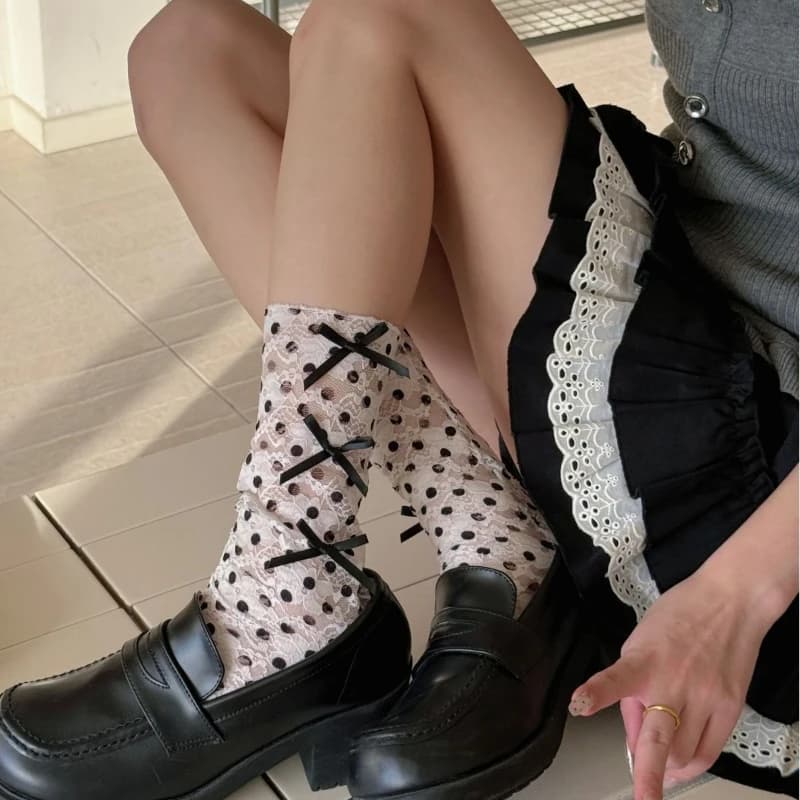 Y2K Aesthetic Polka Dot Lace Socks Women's Vintage Lace Crew Socks with Bow Detail Daily Wear Clothing & Accessories