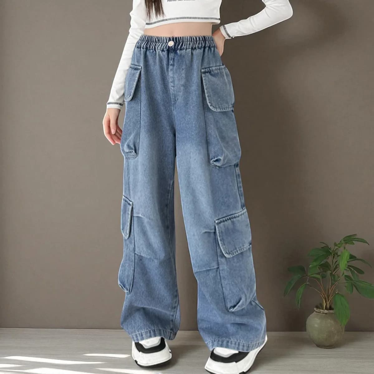 Pantaloni cargo in denim per ragazze Jeans per ragazze Completi Pantaloni cargo a gamba larga Pantaloni per ragazze Streetwear Abbigliamento per bambini 5-9-13 anni