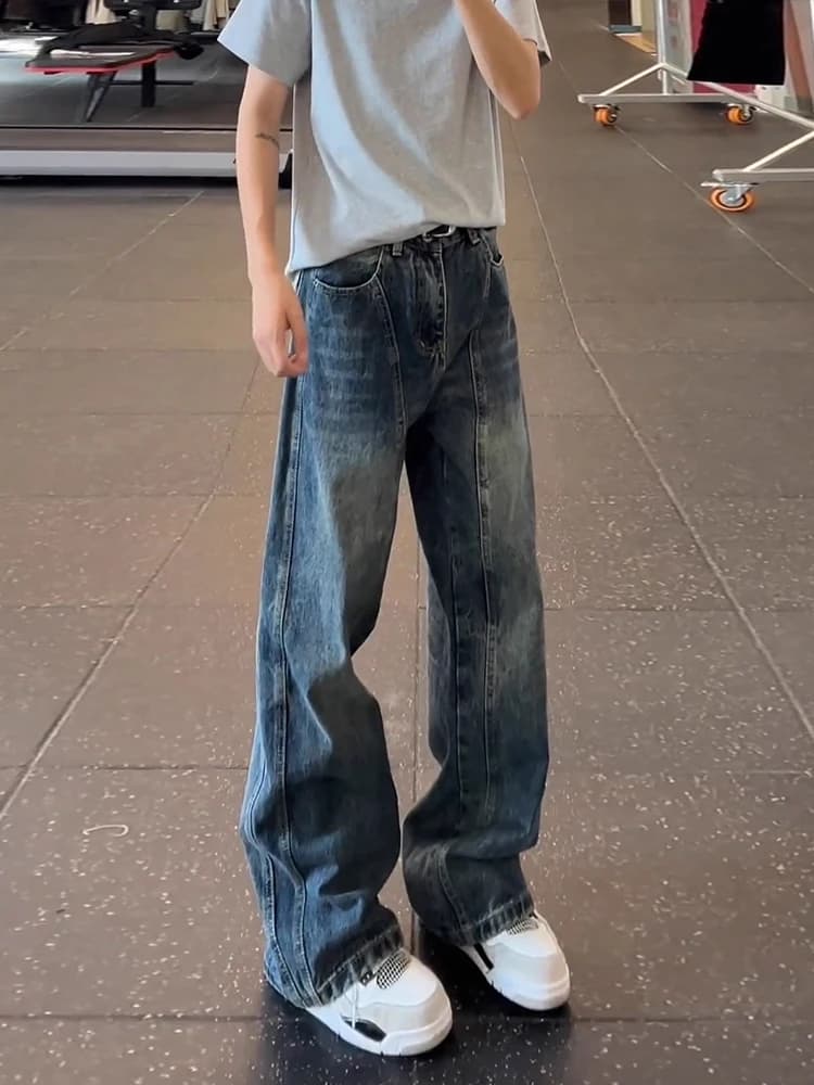 Cleanfit Vintage Blue Knife Men's Jeans American Splicing Loose Wide Leg Micro Flare Straight Leg Long Pants