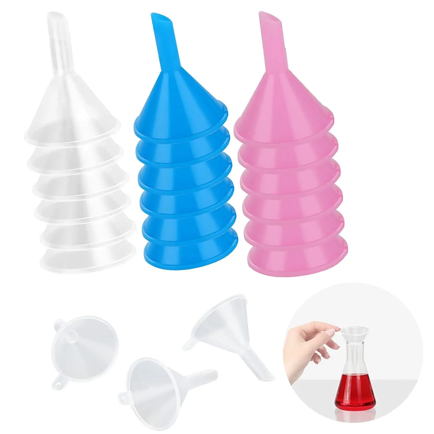 Mini imbuto in plastica trasparente da 50 pezzi, imbuto per profumi, fragranze, oli essenziali, bottiglie da laboratorio, arte con la sabbia, spezie, oli essenziali
