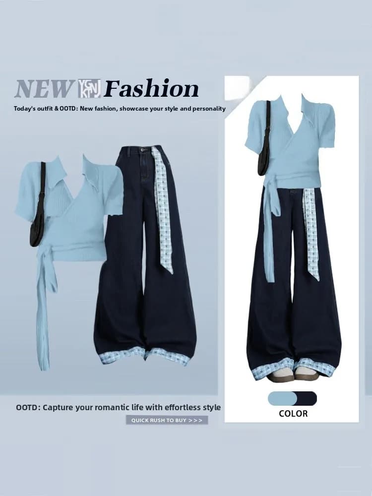 Blue Plaid Wide Leg Two-Piece Set Women's Short Sleeve T-Shirt And Jeans Summer Fashion Outfit Korean Style Cross Tie Top