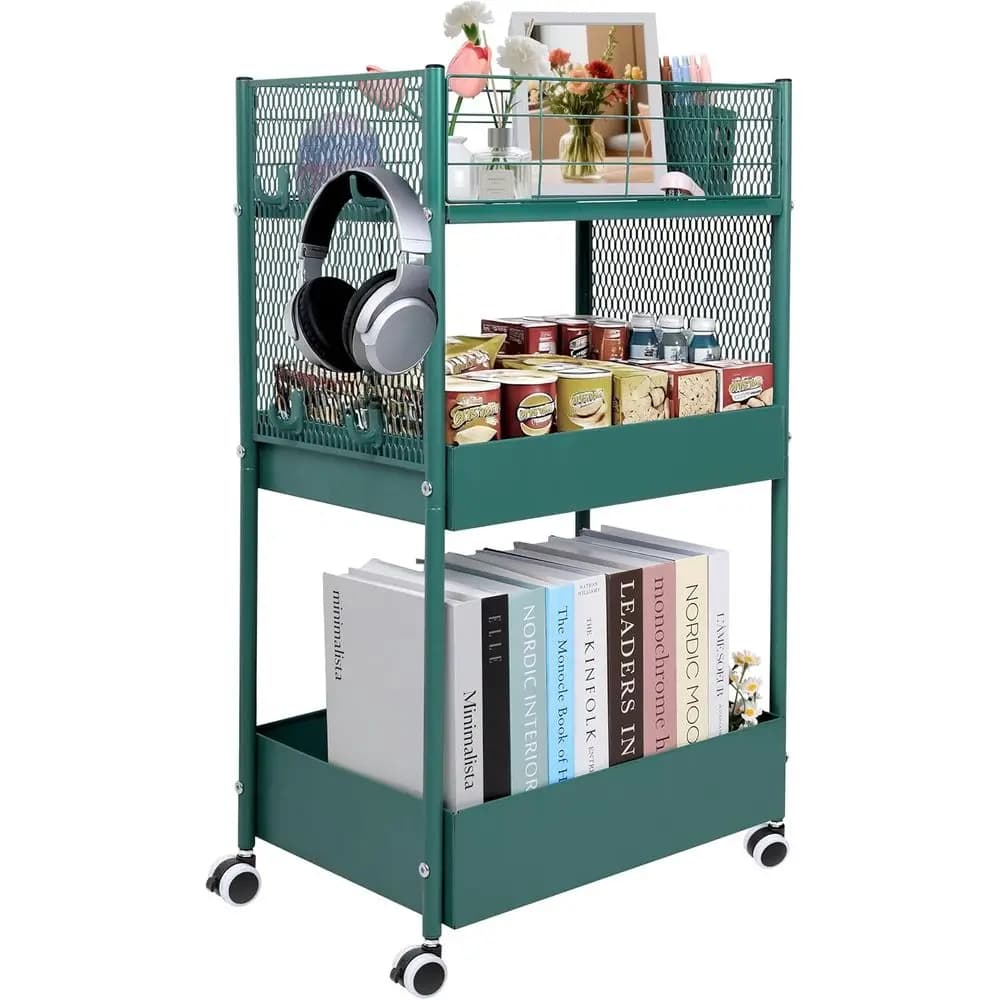 Metal storage trolley at 3 levels with organizers, hanging cups, hooks and office furniture shelves, kitchen or bedroom