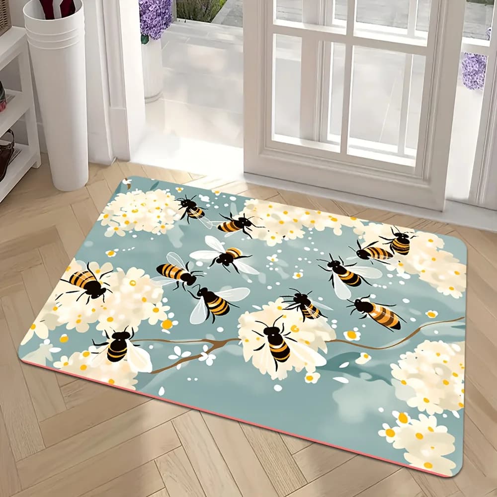 Cute Bee Floral Area Rug Mat Spring Nursery Room Decor Yellow Blue Cartoon Nature Whimsical Pattern Accent Floor Mat for Home