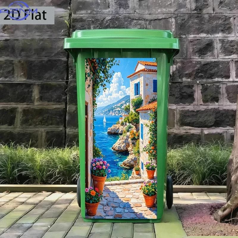 1pc of Trash Can Sticker[37×82 Cm] with a Theme Design of Blue Sea And Red Tiles, Self-Adhesive Wall Decoration Wallpaper for