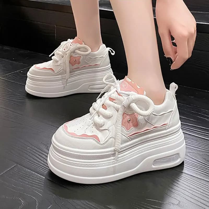 Sneakers casual da donna in tela con tacco spesso ultra rosa, slip-on, a collo alto, punta tonda, suola in gomma, design colorato