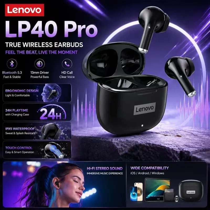 Original Lenovo LP40 Pro Unique Lightweight Half In-ear Earphones Bluetooth 5.3 Stable Connection Low Delay Gaming Headset HD C