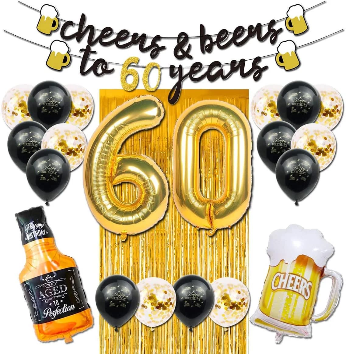 Striscione 'Cinque feste e sei birre per 60 anni' Nero e Oro per Festa di Anniversario con Palloncini a Forma di Boccale di Birra e Tenda a Frange