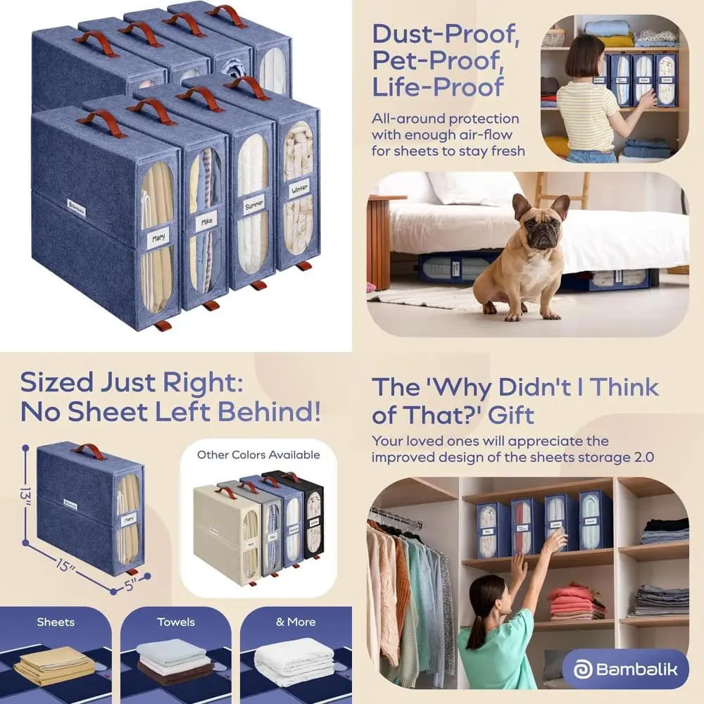 Organizzatori per lenzuola da 8 pezzi con finestre trasparenti - Contenitori resistenti per lenzuola da 15x13x5 pollici (Denim)