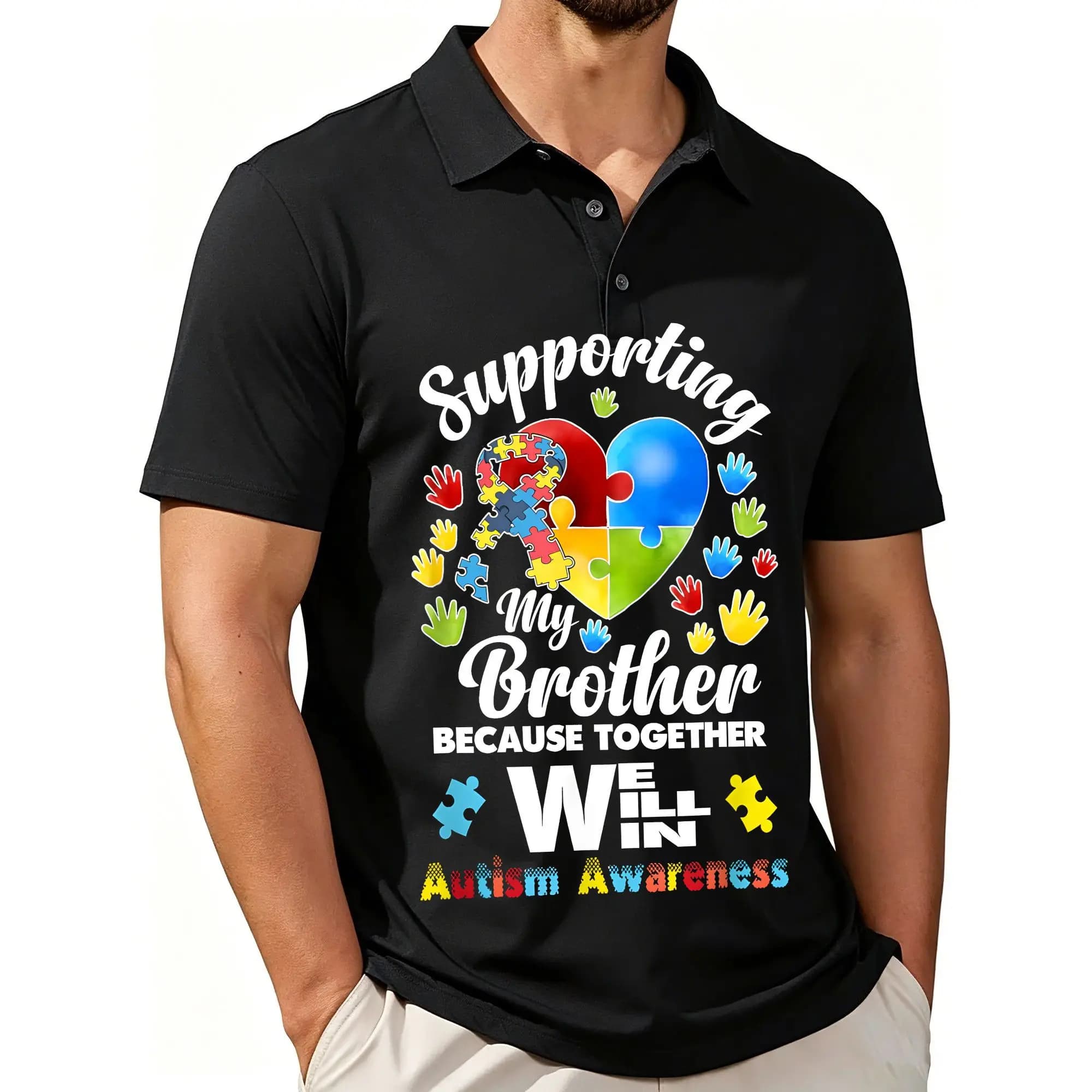 Men's Printed Short-Sleeve Polo Shirt with Puzzle Design for Autism Awareness Month, Featuring a Stylish and Casual Fit, Breathable Fabric, and Suitable for All Seasons.