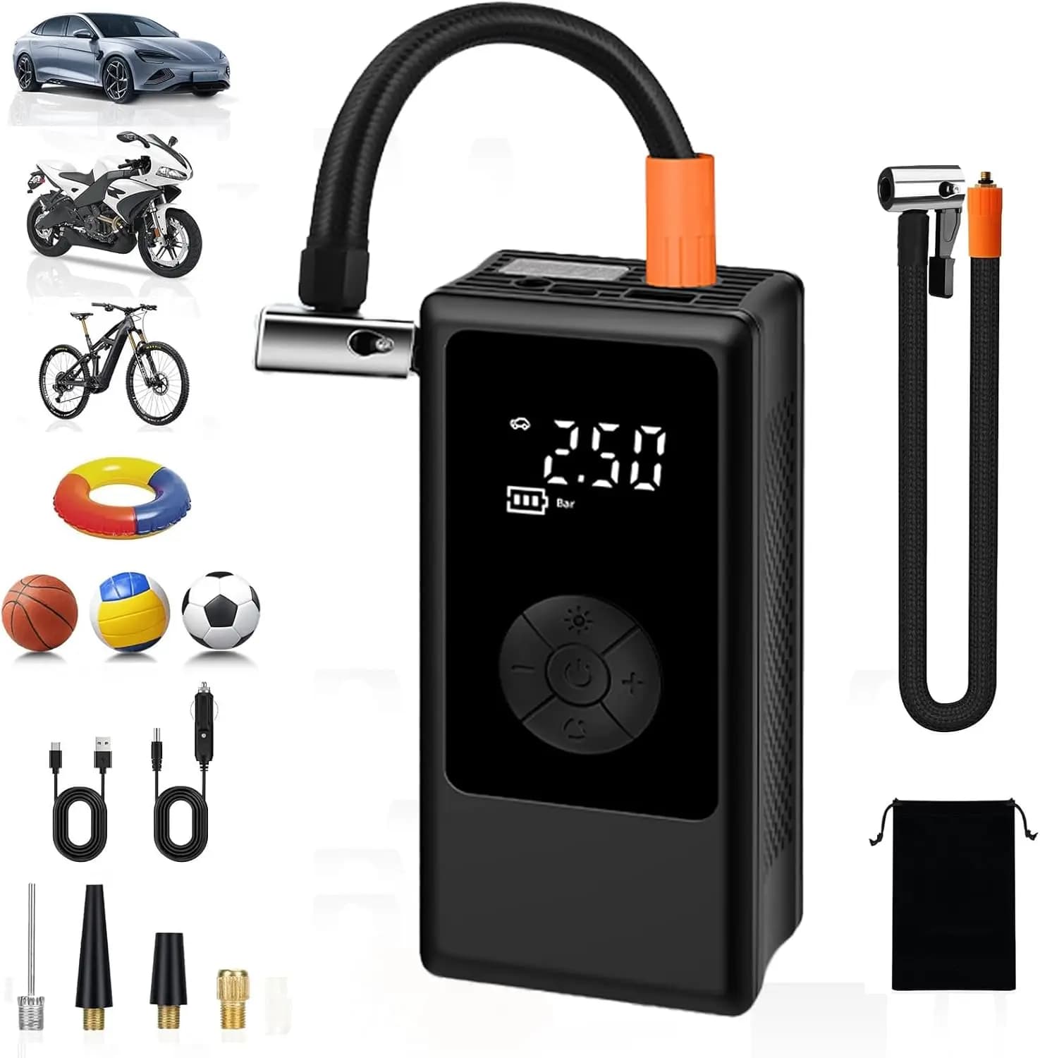 Compressore d'aria portatile per gonfiaggio pneumatici per auto, bici e palle sportive con display a manometro, pompa a batteria senza fili da 150 PSI