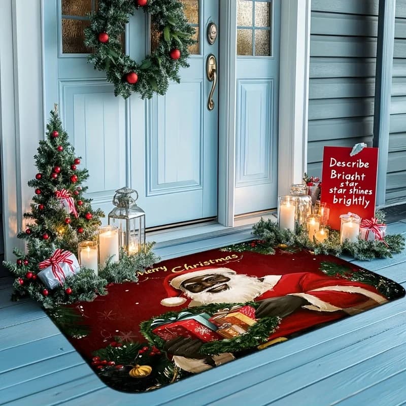 VIKAMA Black Santa Christmas Doormat Non-Slip Red Holiday Welcome Entrance Rug for Front Door Home Decor