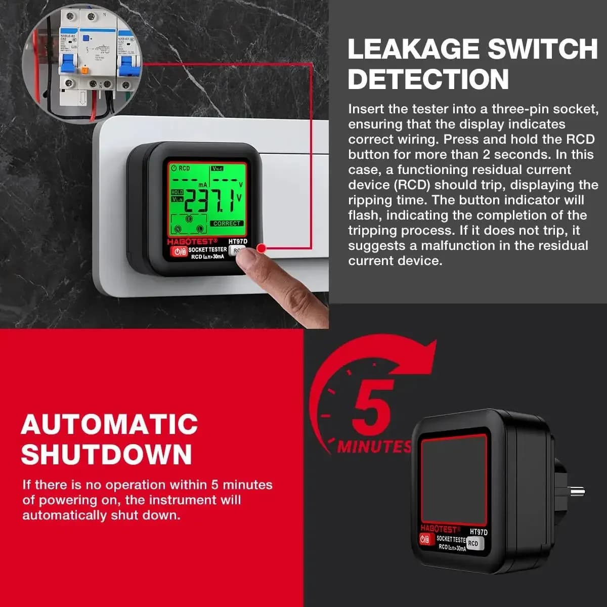 Tester Digitale per Prese HT97 ad Alta Precisione, Rilevatore di Tensione Intelligente RCD GFCI per Spine EU/US/UK, Ampio Display