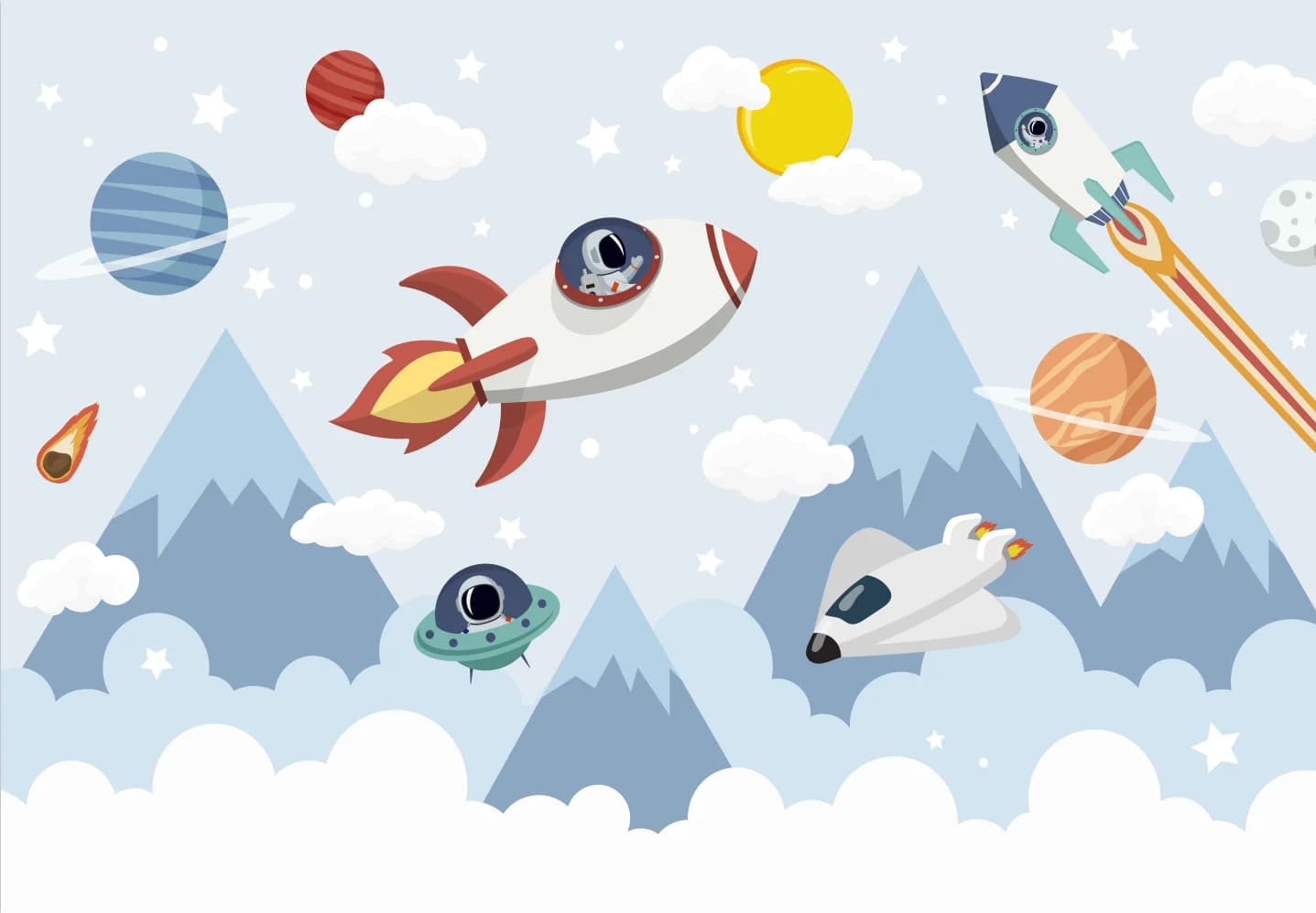 Carta da parati personalizzata Cartone animato, razzo spaziale, montagna geometrica, mongolfiera, parete di fondo per la cameretta dei bambini, carta da parati 3D