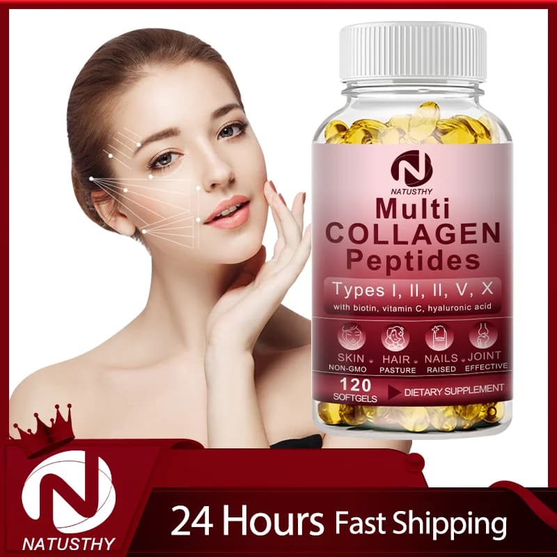 NATUSTHY Peptidi multi collagene con acido ialuronico e vitamina C - FORMULA RISCANTE 8 IN 1 - Capsule di tipo I II III VX