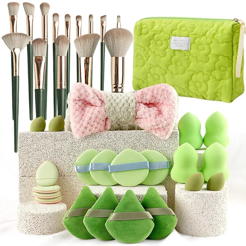 Set di 35 Pennelli per Trucco con Borsa per Cosmetici, Grande Combinazione Verde