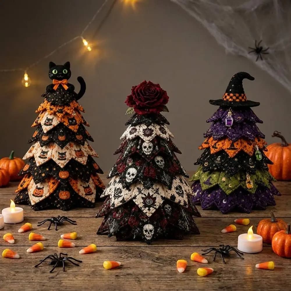 Vintage Halloween Quilted Fabric Tree Kit Black Cat Spider Pumpkin Ghost Quilted Christmas Tree Kit 3D Thick Tree Ornament